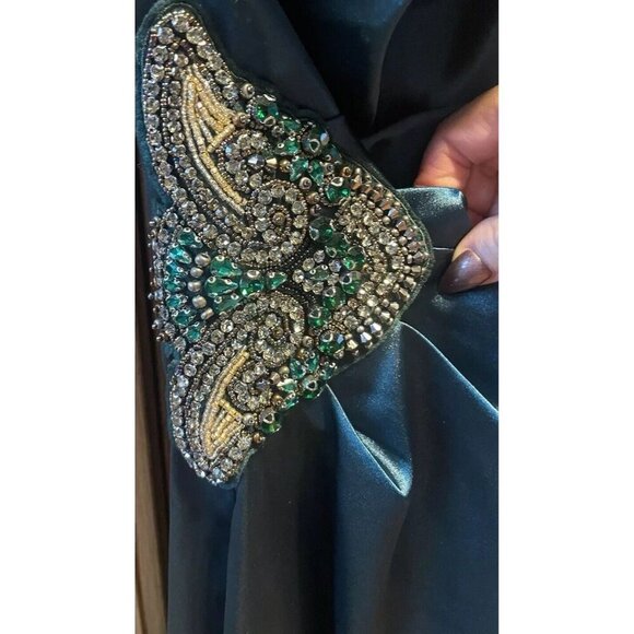 New Eliza J Women' One Shoulder Satin Sleeveless Hunter Green Sheath Gown Size 2 - Picture 9 of 10